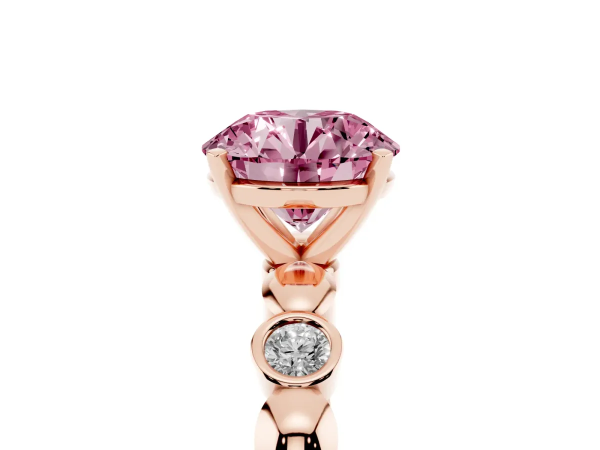 Fancy Pink Round Cut Solitaire Bezel-Set Diamond Ring with Beaded Band and Four-Prong Setting Rose gold