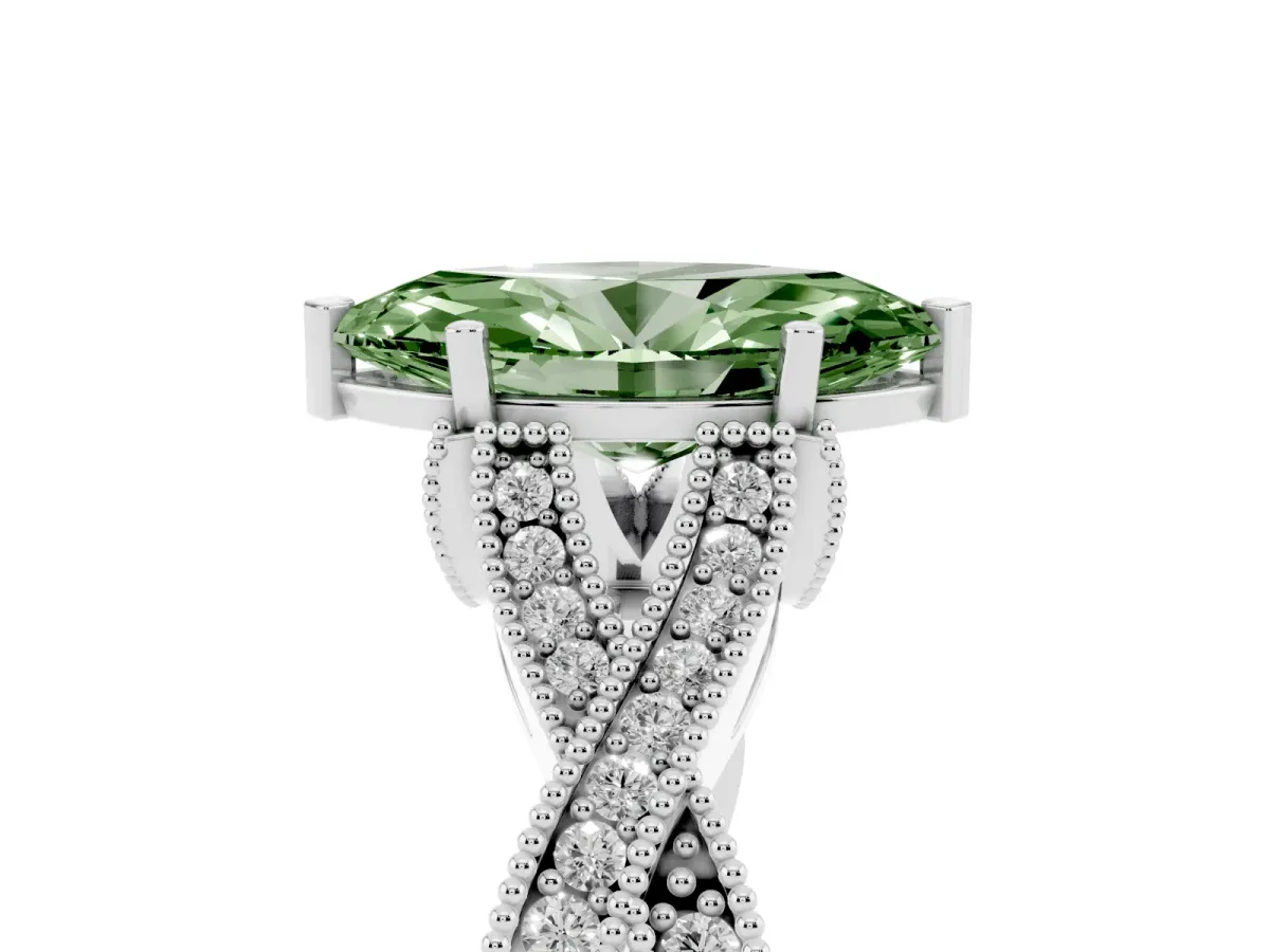Fancy Green Marquise Cut Cut Diamond Twisted Band with Milgrain Pave Setting and Four-Prong Setting White gold