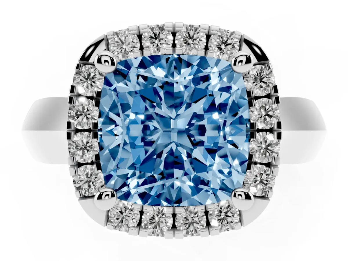 Fancy Blue Cushion Cut Cut Halo Solitaire Engagement Ring with Square Band and Four-Prong Setting White gold