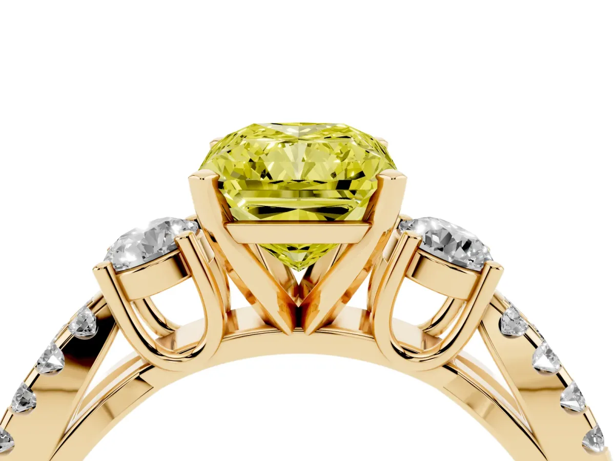 Fancy Yellow Radiant Cut Diamond Three-Stone Ring with Pavé Split Shank and Four-Prong Setting Yellow gold