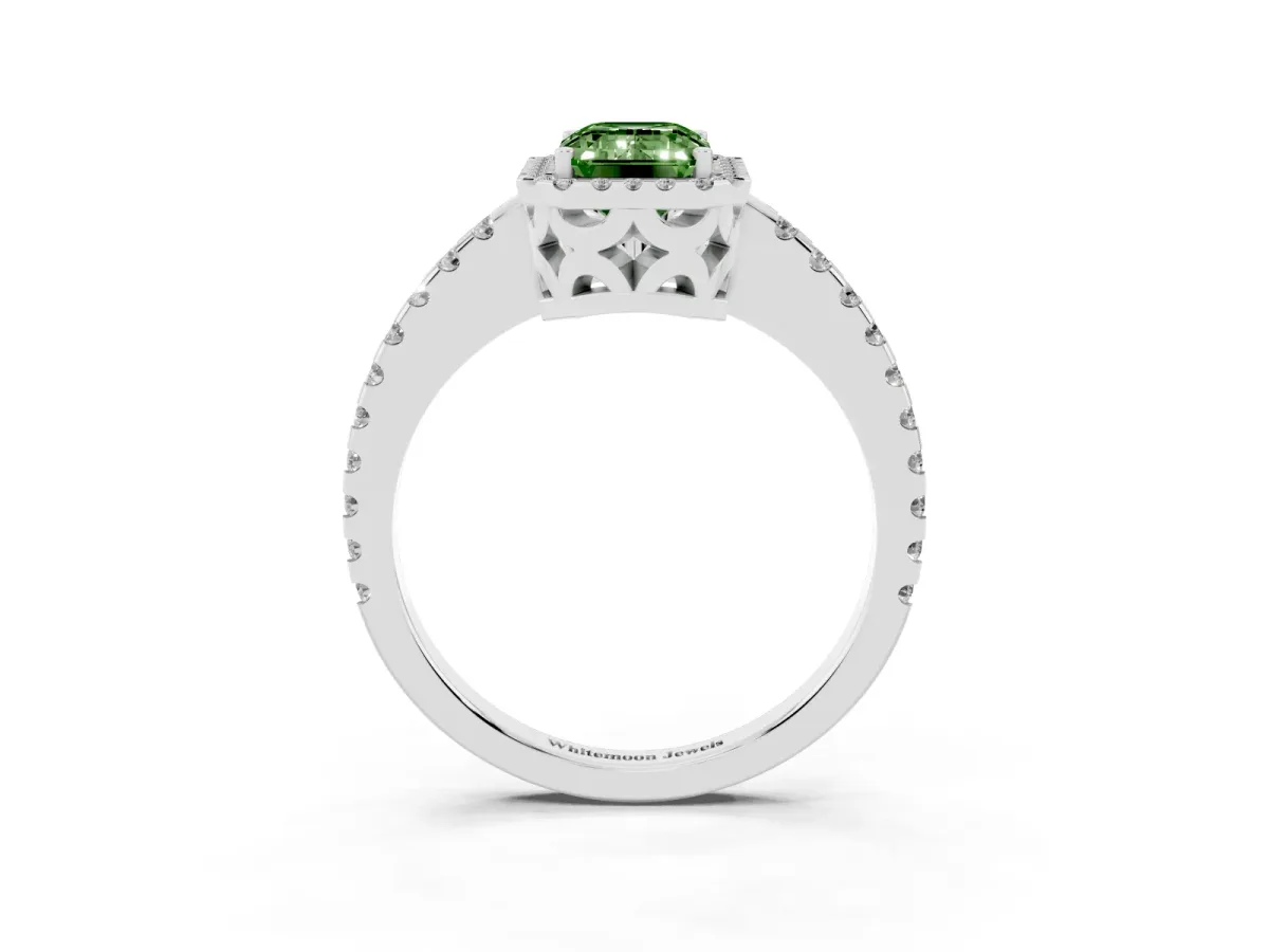 Fancy Green Emerald Cut Diamond Halo Engagement Ring with Pavé Band and Prong Setting Platinum