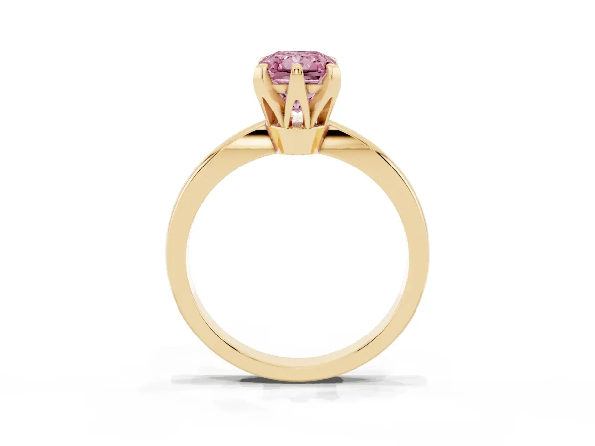 Fancy Pink Radiant Cut Solitaire Engagement Ring with Six-Prong Setting and Tapered Band Yellow gold