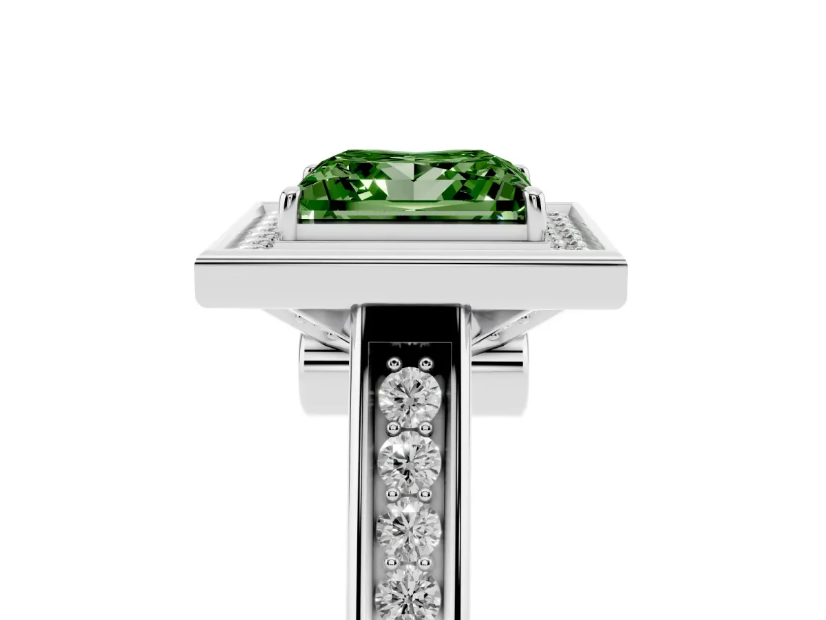 Fancy Green Princess Cut Halo Solitaire Diamond Ring with Pave Band and Bezel Setting Silver