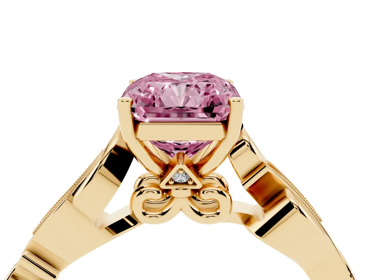 Fancy Pink Radiant Cut Solitaire Vine Band with Milgrain Prong Setting Yellow gold