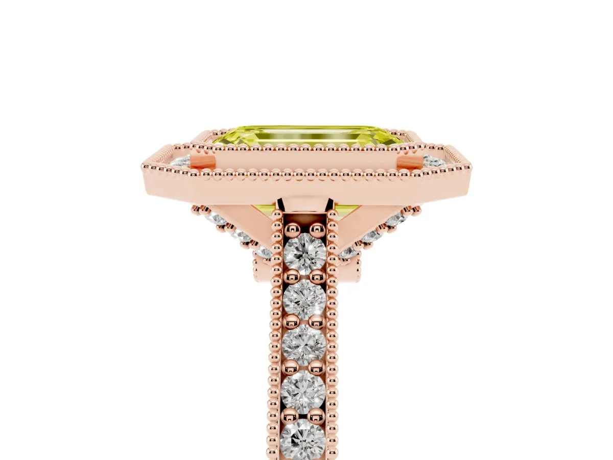 Fancy Yellow Halo Emerald Cut-Cut Diamond Pave Band Milgrain Prong Setting Ring Rose gold
