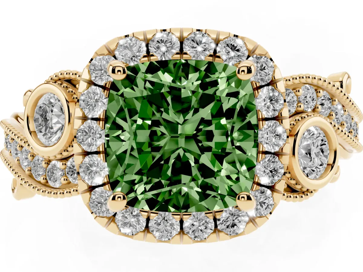 Fancy Green Cushion Cut Halo Diamond Ring with Milgrain and Bezel Accents on a Split Shank Band Yellow gold
