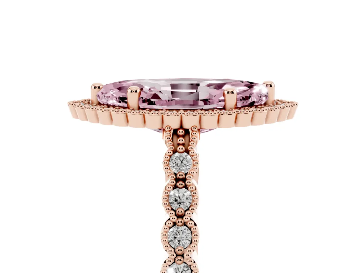 Fancy Pink Marquise Cut Cut Halo Pavé Solitaire Ring with Milgrain Band Rose gold