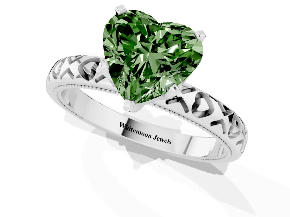 Fancy Green Heart Cut Solitaire Diamond Engagement Ring with XO Engraved Band and Four-Prong Setting Silver