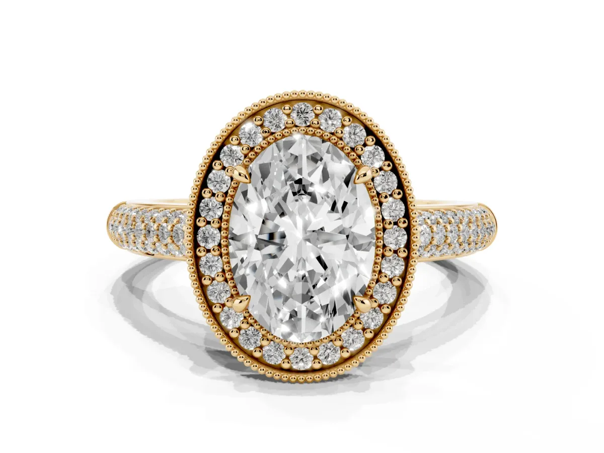 Oval Cut Cut Halo Diamond Pave Band with Four-Prong Setting Yellow gold