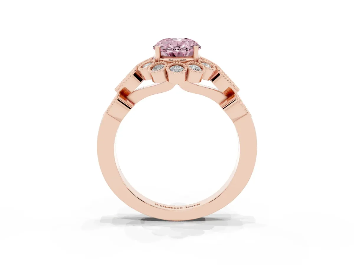 Fancy Pink Oval Cut Brilliant Milgrain Pave Heart Band Solitaire Ring Rose gold