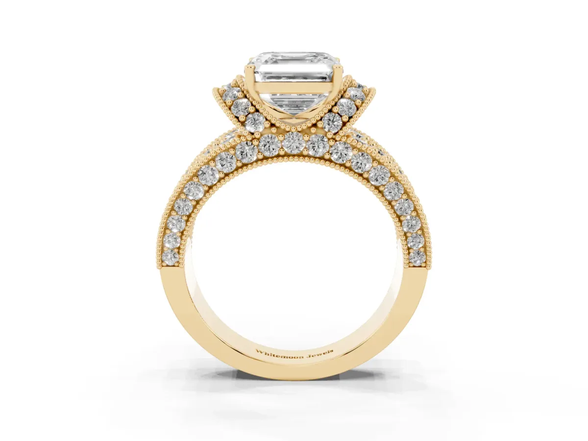 Asscher Cut Halo Pave Diamond Engagement Ring with Milgrain Detailing Yellow gold