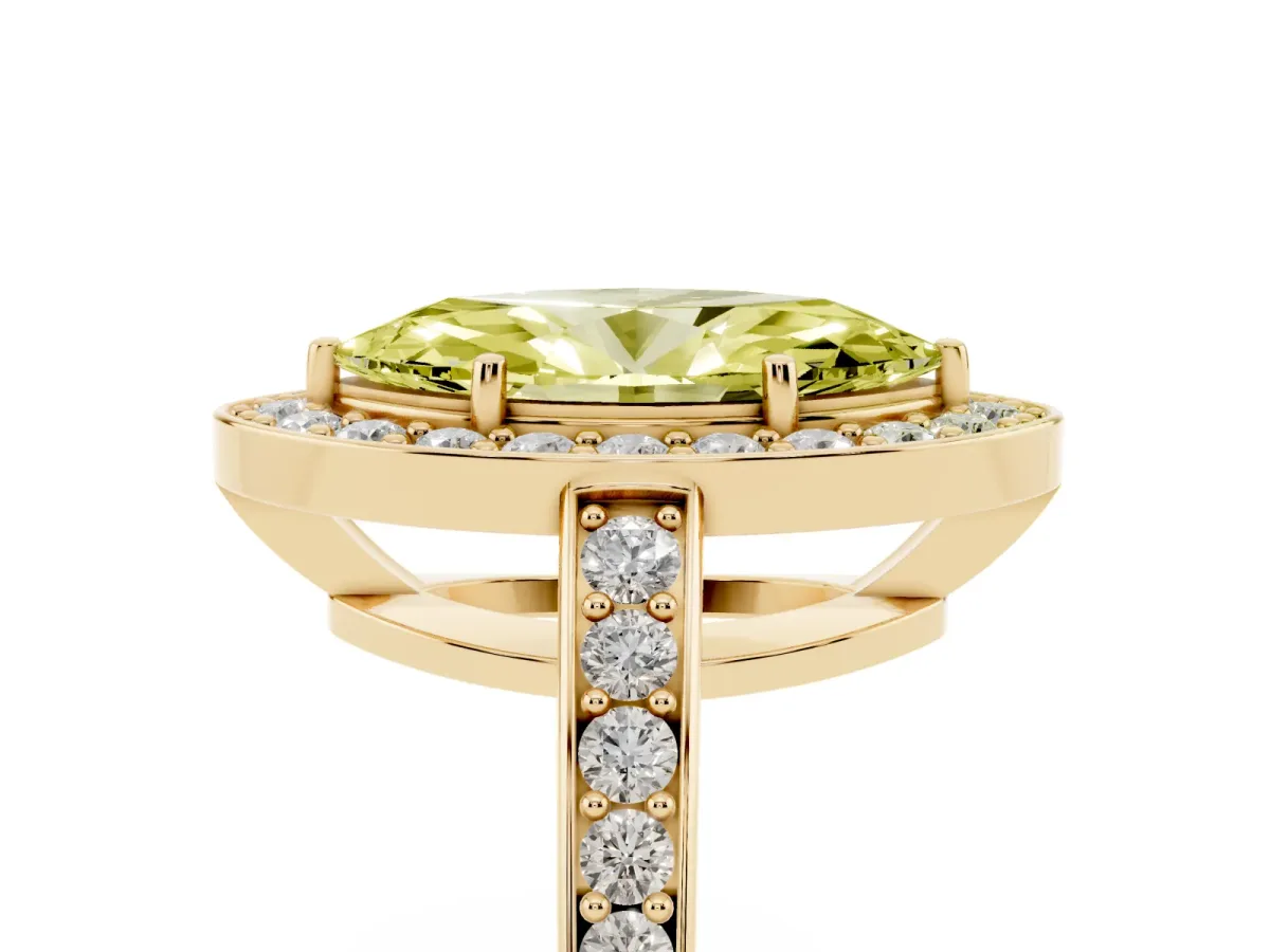 Fancy Yellow Marquise Cut Halo Pavé Diamond Engagement Ring with Bezel Setting Yellow gold