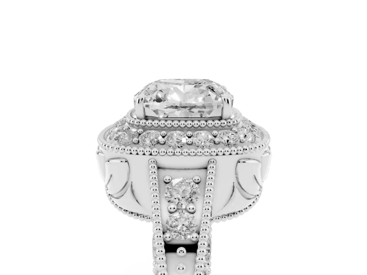 Cushion Cut Halo Diamond Split Shank Ring with Milgrain Detail Silver
