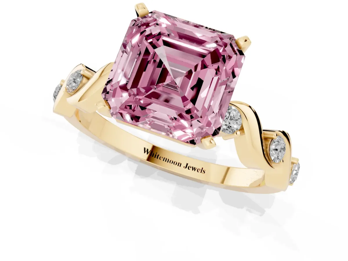 Fancy Pink Asscher Cut Diamond Solitaire Twisted Band with Round Accents and Prong Setting Yellow gold