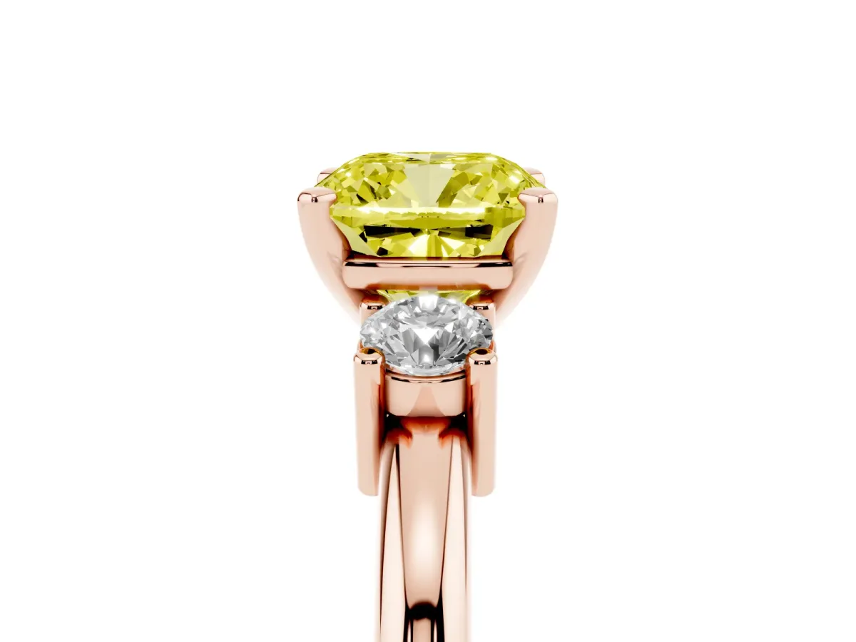Fancy Yellow Three-Stone Cushion Cut Cut Diamond Solitaire with Prong Setting and Classic Band Rose gold