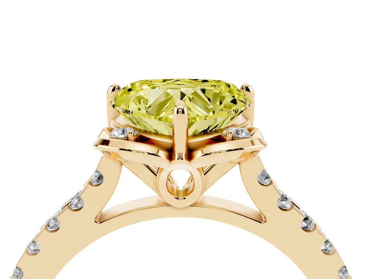 Fancy Yellow Heart Cut Diamond Ring with Pavé Band and Floral Prong Setting Yellow gold