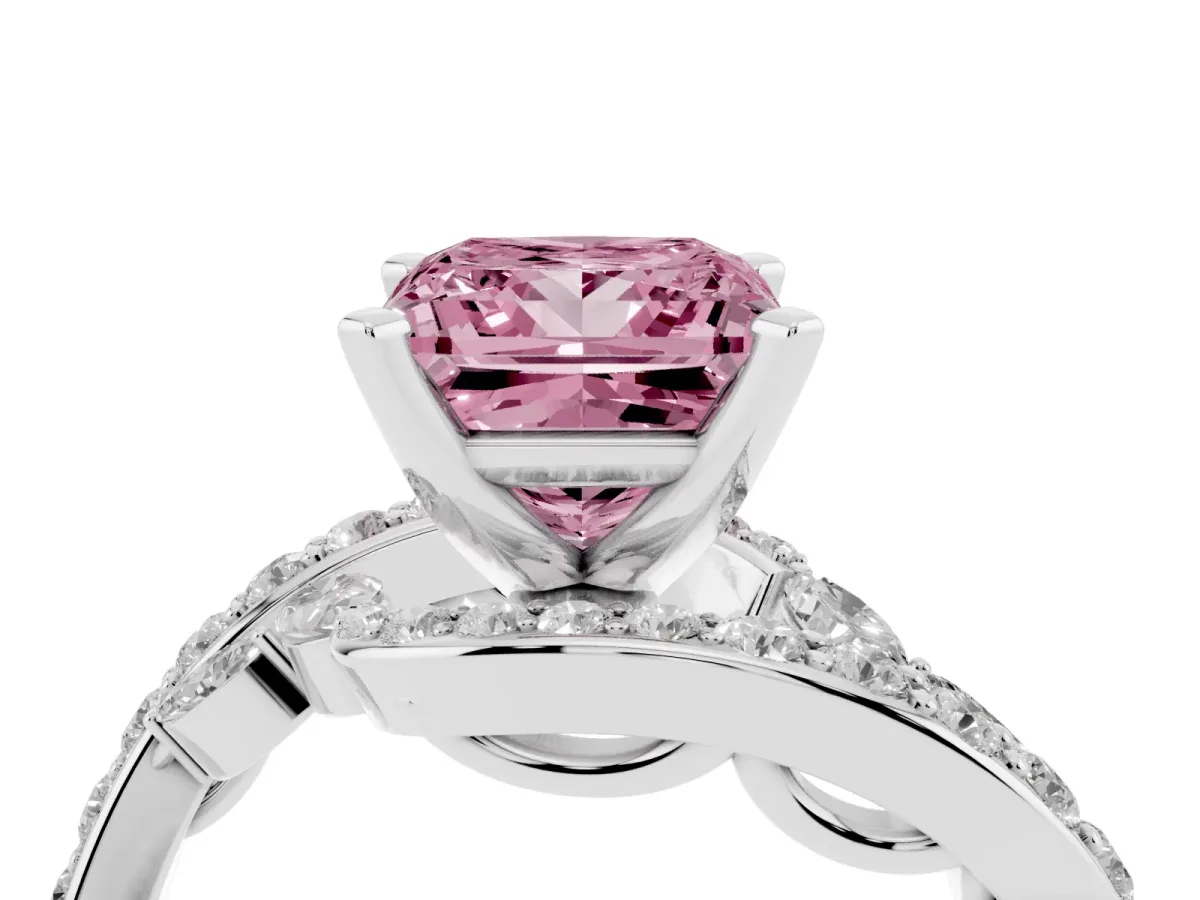 Fancy Pink Princess Cut Solitaire with Pavé Twist Band and Four-Prong Setting Silver