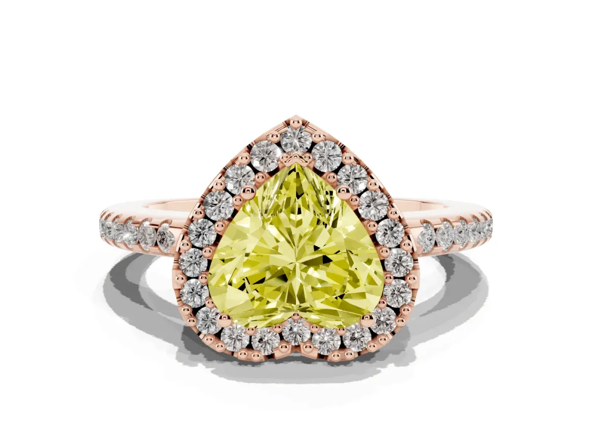 Fancy Yellow Heart Cut Diamond Pavé Halo Ring with Four-Prong Setting Rose gold