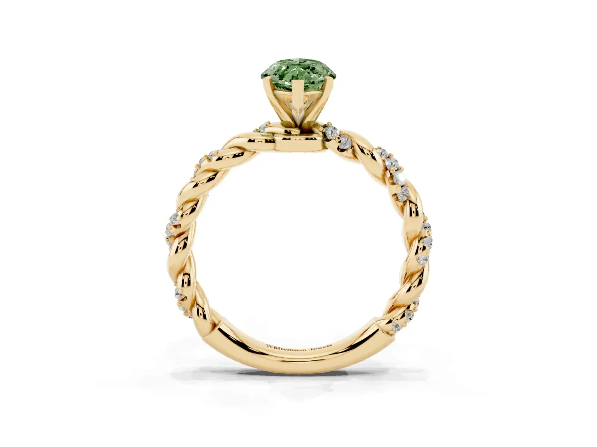 Fancy Green Marquise Cut Diamond Solitaire Ring with Twisted Band and Pavé Accents Yellow gold