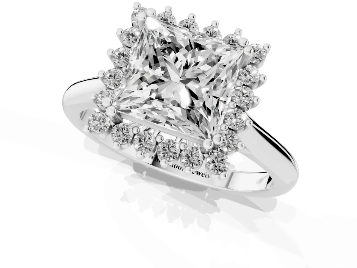 Princess Cut Cut Diamond Halo Ring with Solitaire Band and Prong Setting Silver