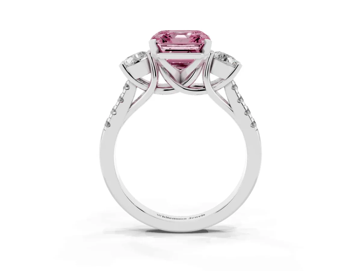 Fancy Pink Three-Stone Asscher Cut Diamond Pavé Band with Four-Prong Setting Platinum