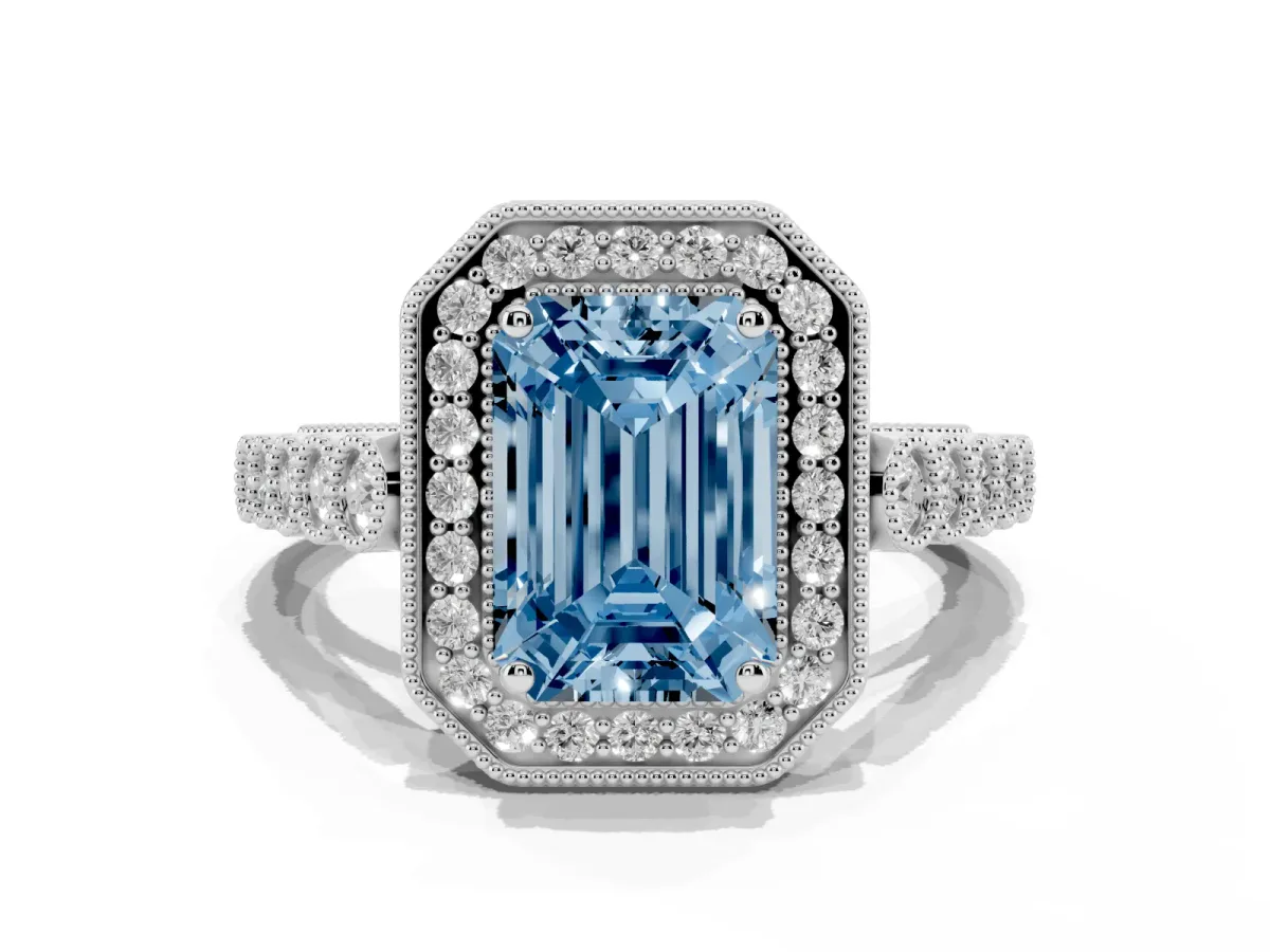 Fancy Blue Emerald Cut Halo Milgrain Solitaire with Bezel Set Side Stones and Pave Band White gold