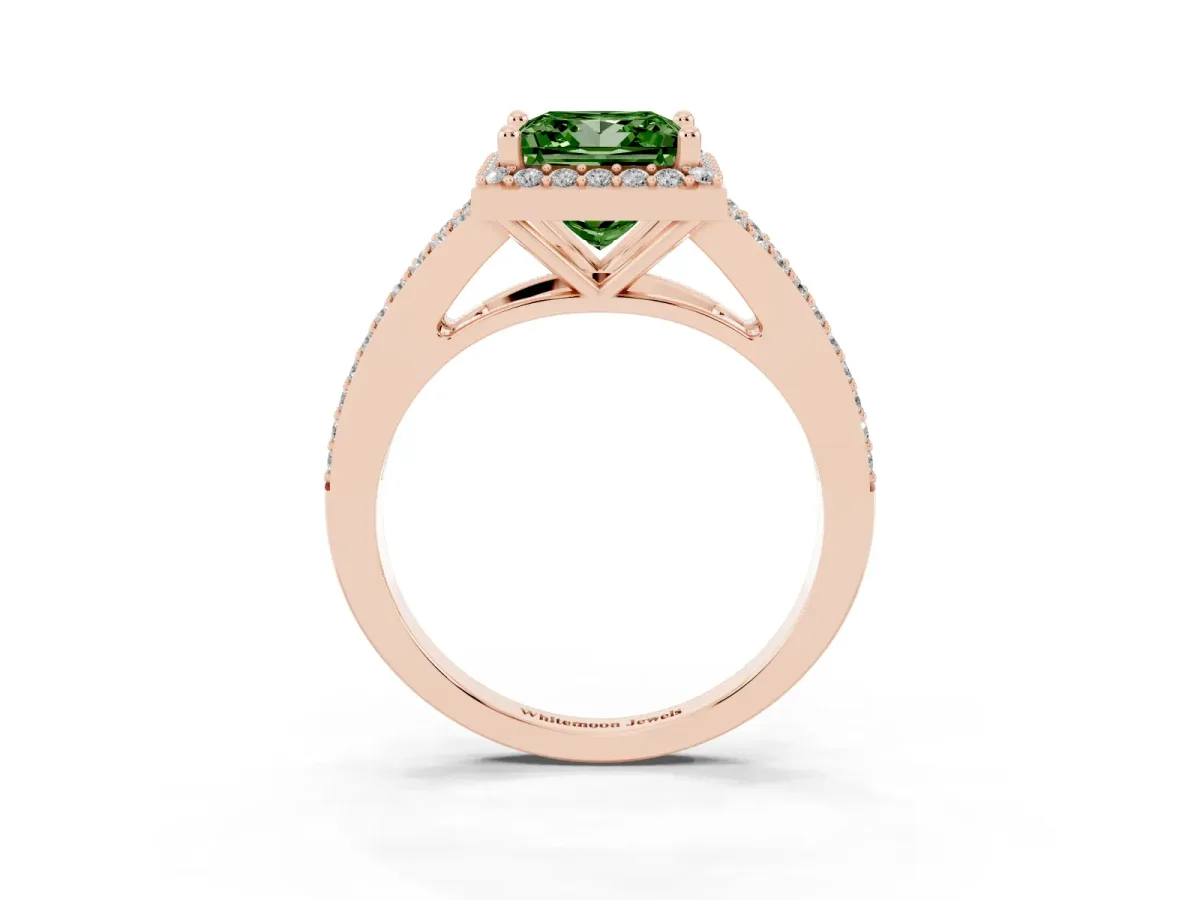 Fancy Green Princess Cut Halo Split Shank Pave Diamond Ring with Four-Prong Setting Rose gold