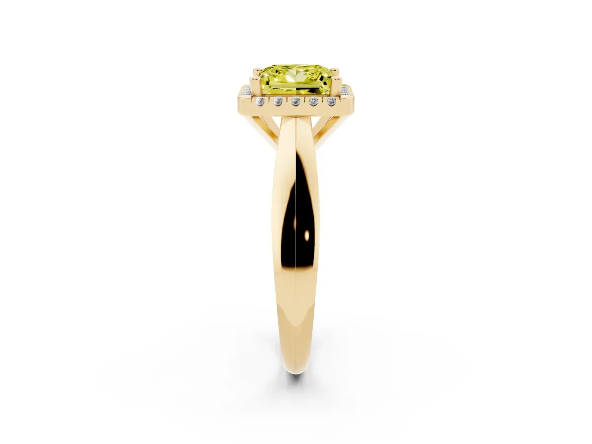 Fancy Yellow Princess Cut Cut Halo Solitaire Engagement Ring with Square Band and Four-Prong Setting Yellow gold