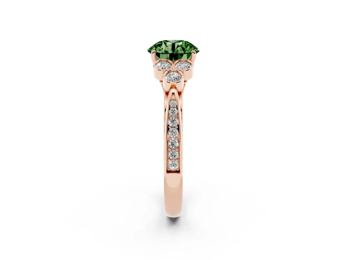 Fancy Green Round Cut Cut Diamond Engagement Ring with Bezel Set Round Side Stones and Prong Setting Rose gold