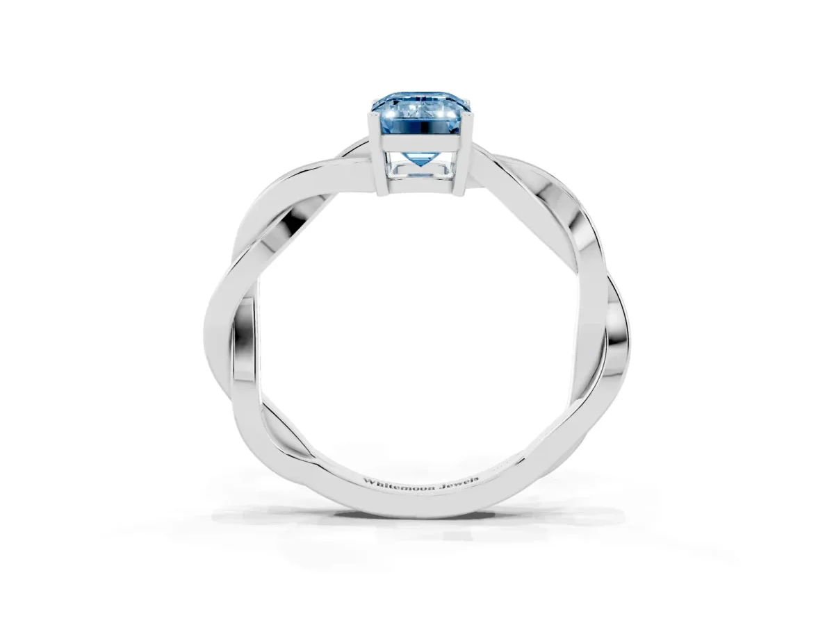 Fancy Blue Emerald Cut Solitaire Twisted Pave Diamond Ring with Four-Prong Setting White gold