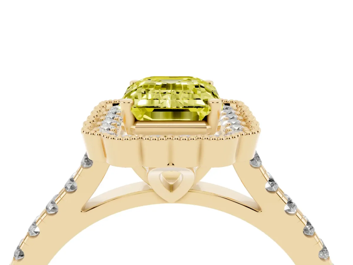Fancy Yellow Emerald Cut Cut Diamond Milgrain Floral Halo Engagement Ring with Pavé Band Yellow gold
