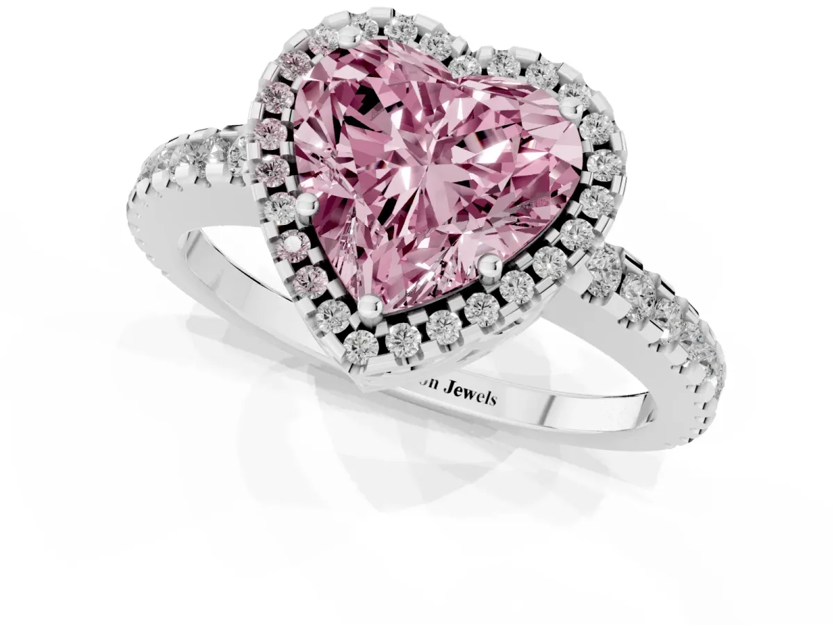 Fancy Pink Heart Cut Diamond Halo Engagement Ring with Pavé Band and Prong Setting White gold