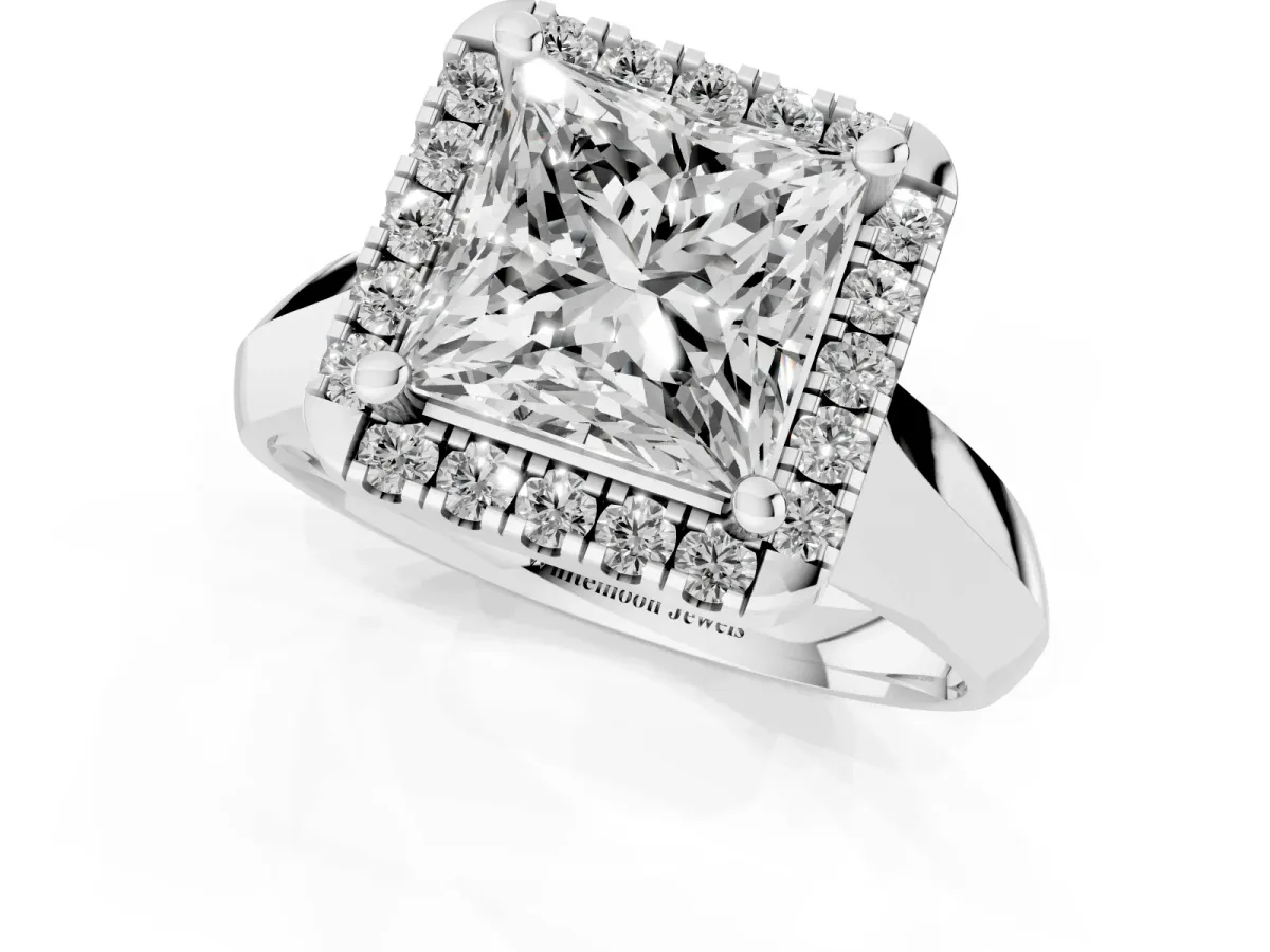 Princess Cut Cut Halo Solitaire Engagement Ring with Square Band and Four-Prong Setting Platinum