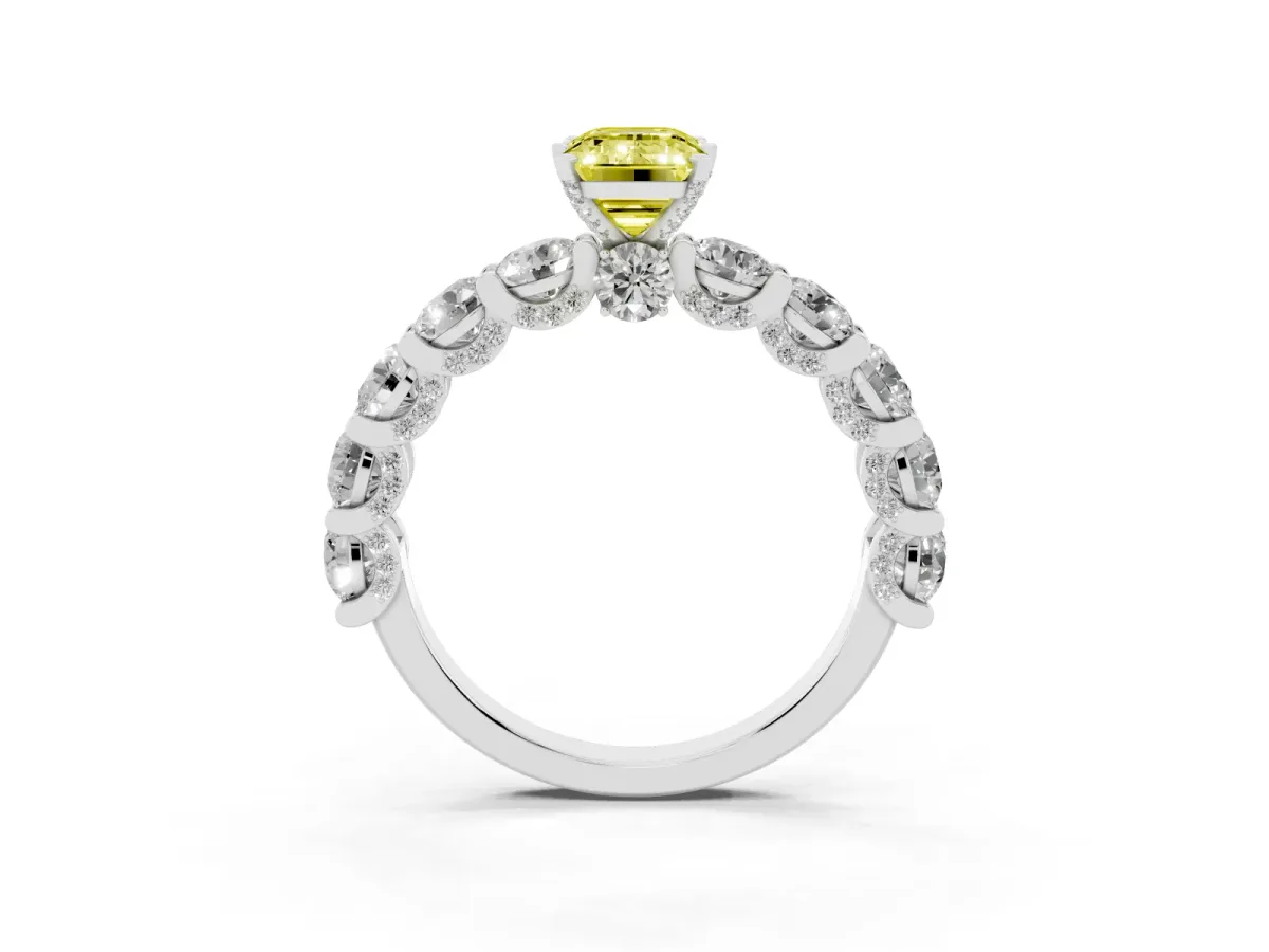 Fancy Yellow Emerald Cut Diamond Side Stone Engagement Ring with Four-Prong Setting Silver