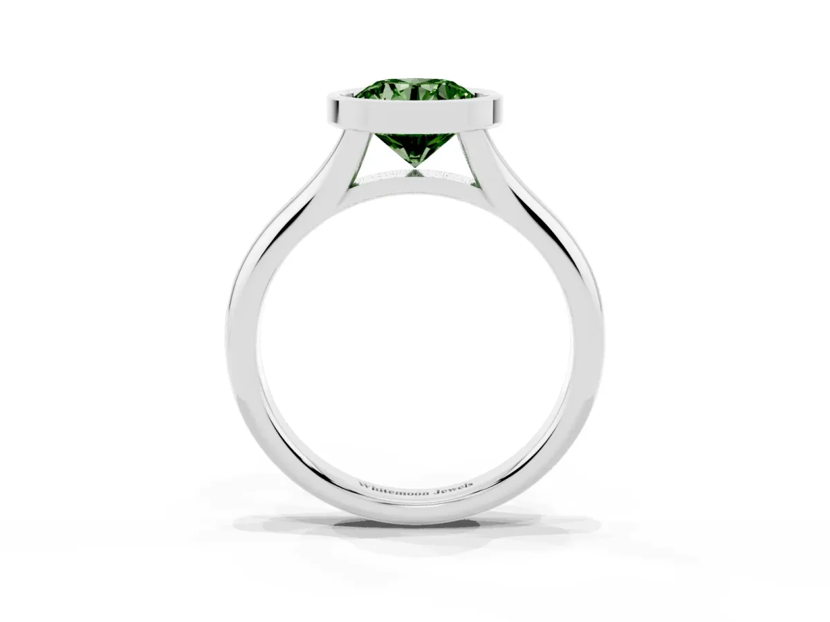 Fancy Green Bezel Set Round Cut Solitaire Diamond Ring with Smooth Band Silver