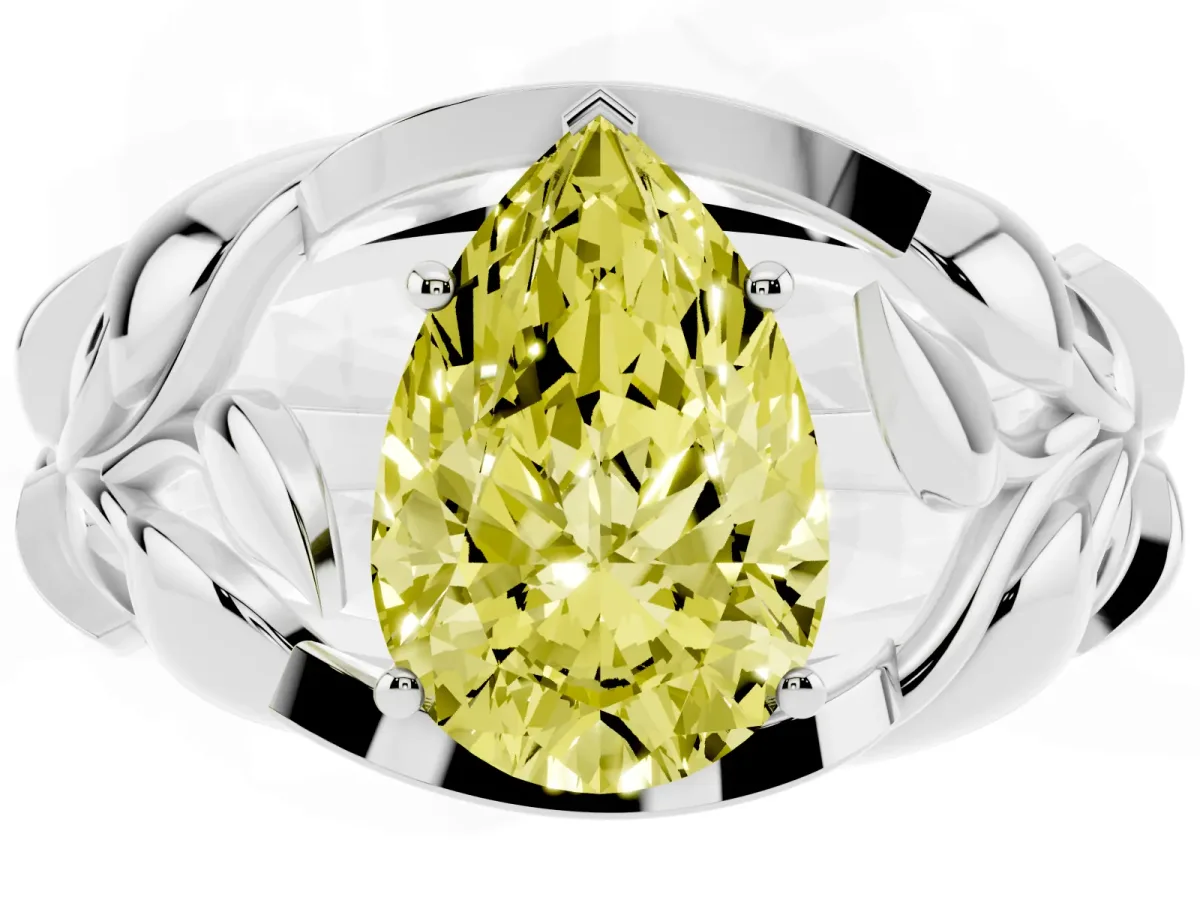 Fancy Yellow Pear Cut Diamond Leaf-Inspired Engagement Ring with Round Accents and Prong Setting Silver