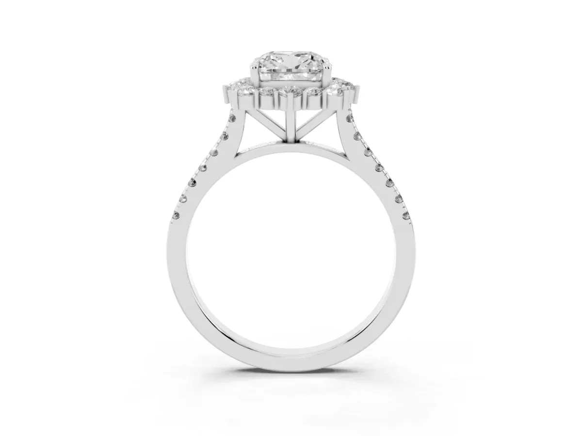 Cushion Cut Halo Diamond Ring with Pavé Band and Prong Setting Silver