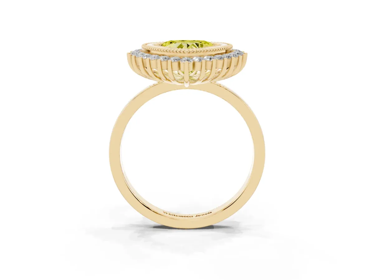 Fancy Yellow Heart Cut Halo Diamond Ring with Milgrain Edge and Round Prong Setting Yellow gold
