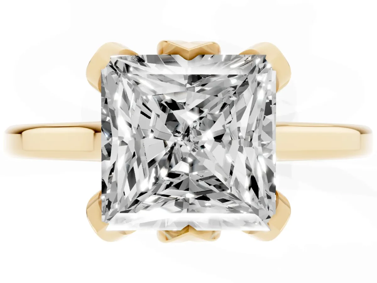 Princess Cut Diamond Solitaire Ring with Flower Prong Setting and Classic Band Yellow gold