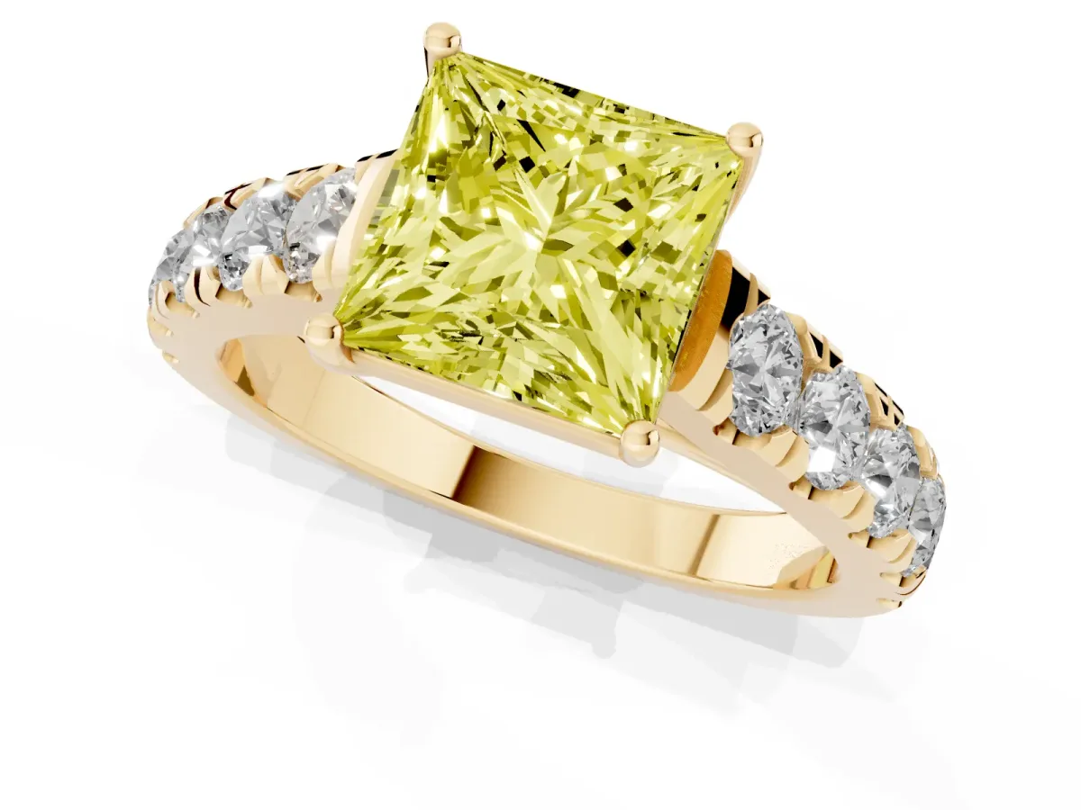 Fancy Yellow Princess Cut Cut Diamond Solitaire Ring with Micro Pave Band and Prong Setting Yellow gold
