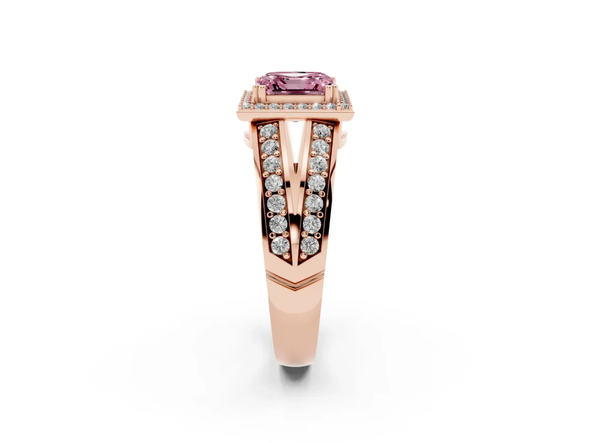 Fancy Pink Asscher Cut Diamond Halo Ring with Split Shank Pavé Band and Four-Prong Setting Rose gold