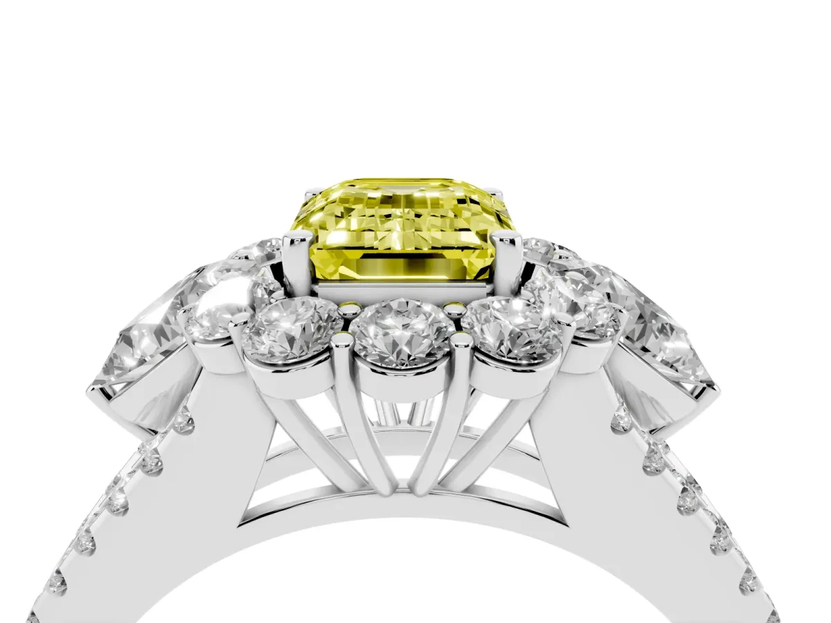 Fancy Yellow Emerald Cut Halo Split Shank Diamond Engagement Ring with Prong Setting Platinum