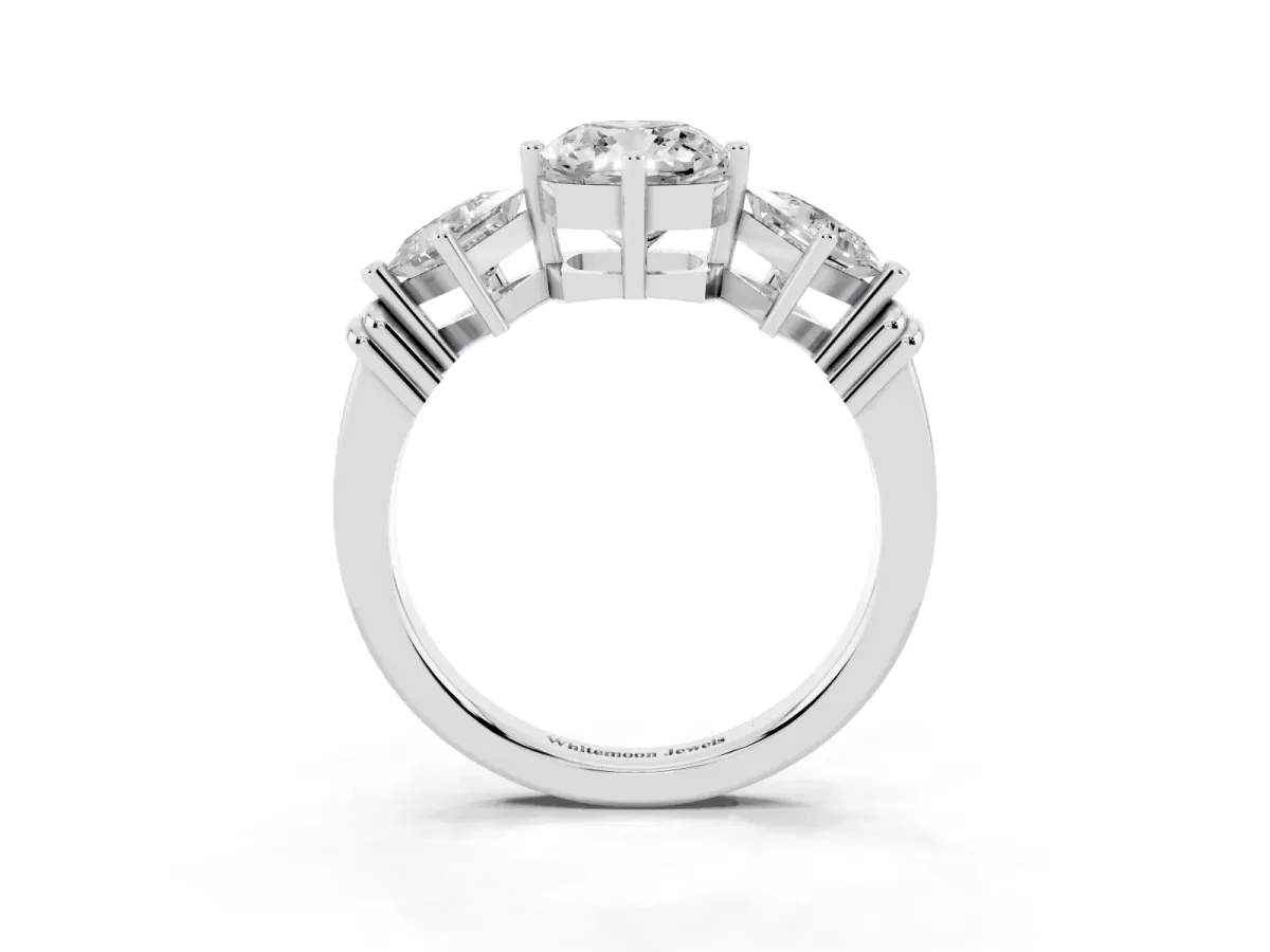 Three-Stone Cushion Cut and Princess Cut Diamond Ring with Channel Band and Four-Prong Setting White gold