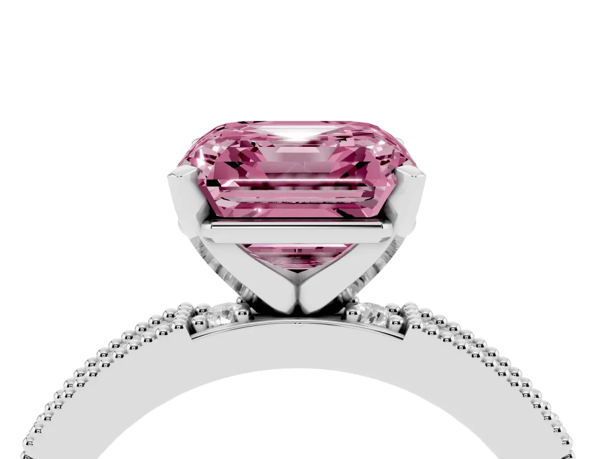 Fancy Pink Asscher Cut Solitaire with Pavé Band and Four-Prong Setting Silver