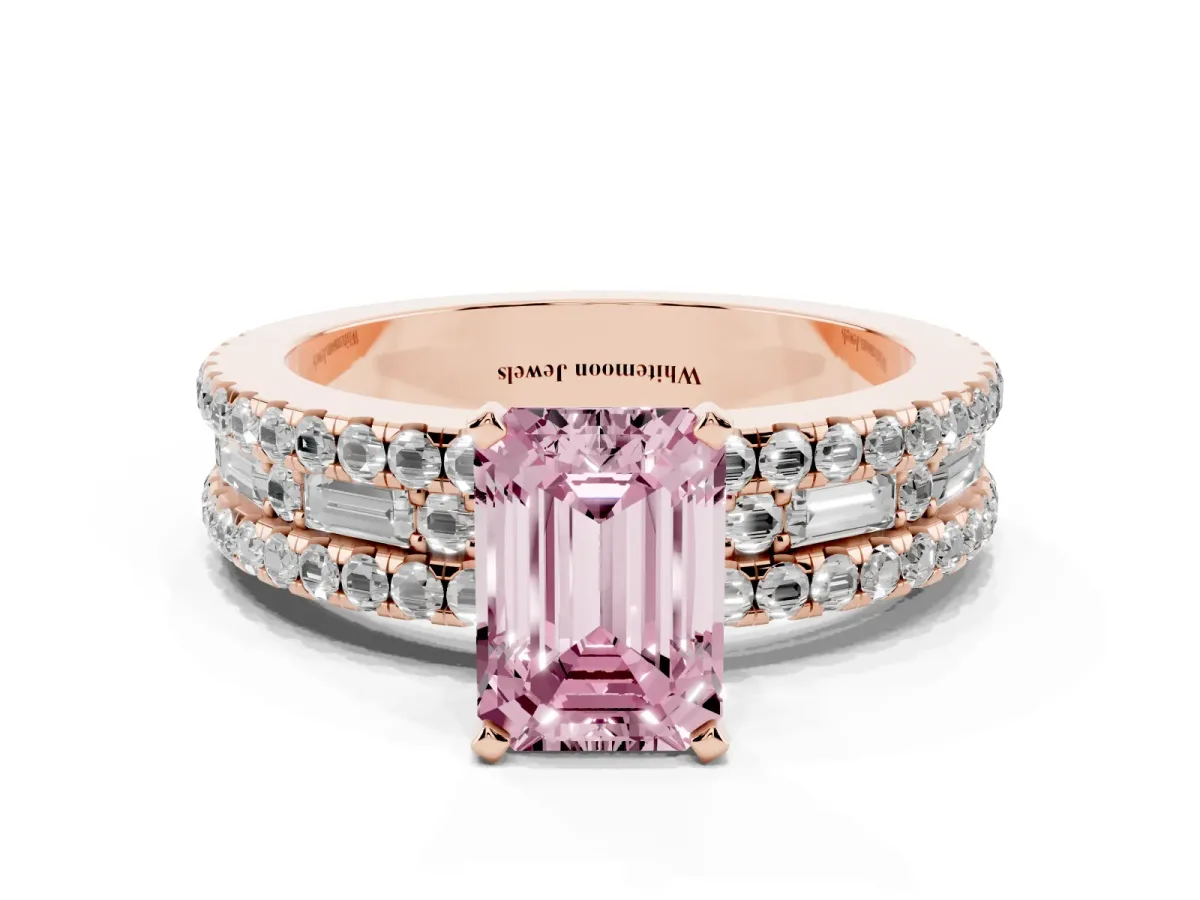 Fancy Pink Emerald Cut Diamond Solitaire Ring with Pavé and Channel Set Band Rose gold
