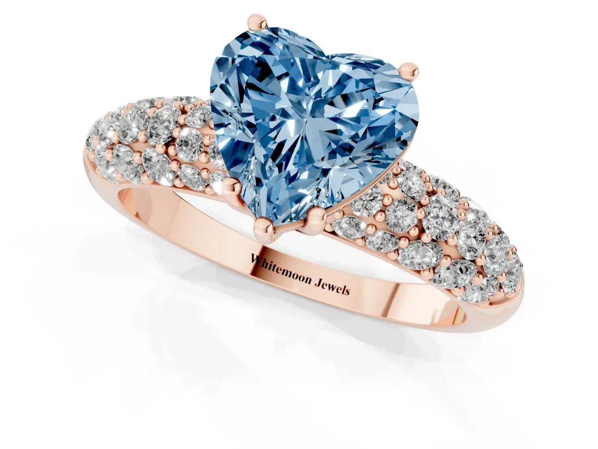 Fancy Blue Heart Cut Diamond Pavé Band Solitaire Ring with Four-Prong Setting Rose gold