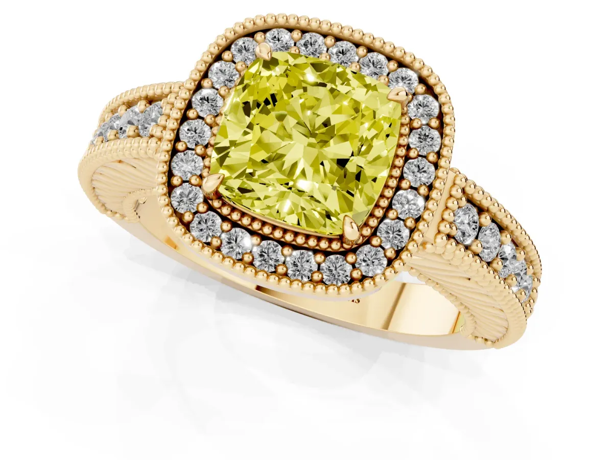Fancy Yellow Cushion Cut Cut Halo Diamond Ring with Pavé Band and Four-Prong Setting Yellow gold