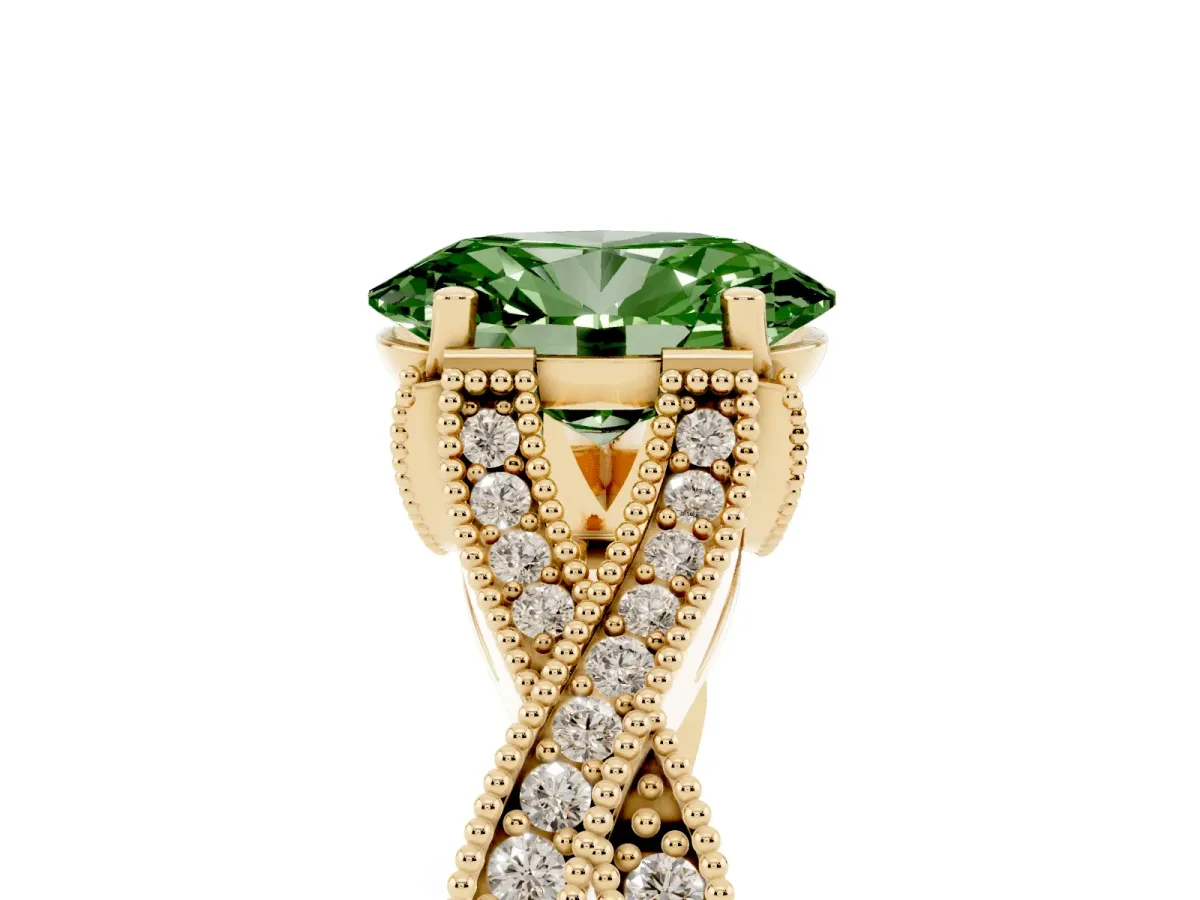 Fancy Green Oval Cut Cut Diamond Twisted Band with Milgrain Pave Setting and Four-Prong Setting Yellow gold