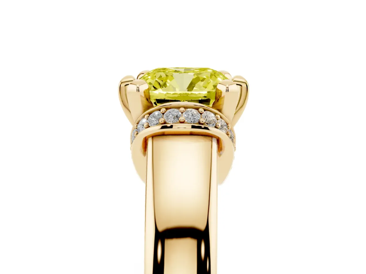 Fancy Yellow Cushion Cut Solitaire Diamond Ring with Pave Band and Six-Prong Setting Yellow gold