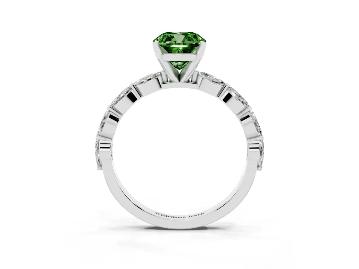 Fancy Green Cushion Cut Diamond Ring with Marquise Side Stones and Prong Setting Platinum